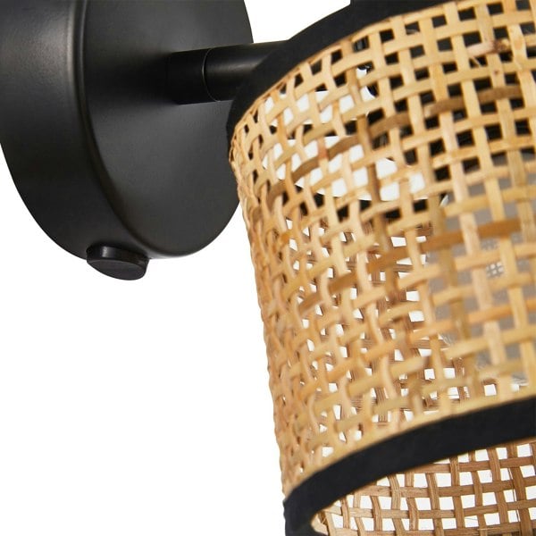 Natural Woven Rattan Switched Wall Light Fitting with Black Cotton Fabric Trim Image 4