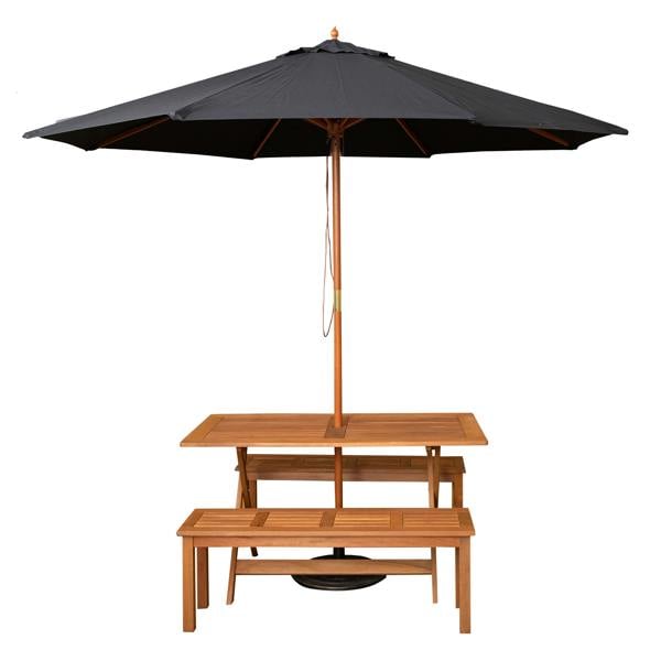 Samuel Alexander Outdoor 4 Person Rectangular Wooden Garden Dining Table, 2 Benches with Black Parasol and Base Set