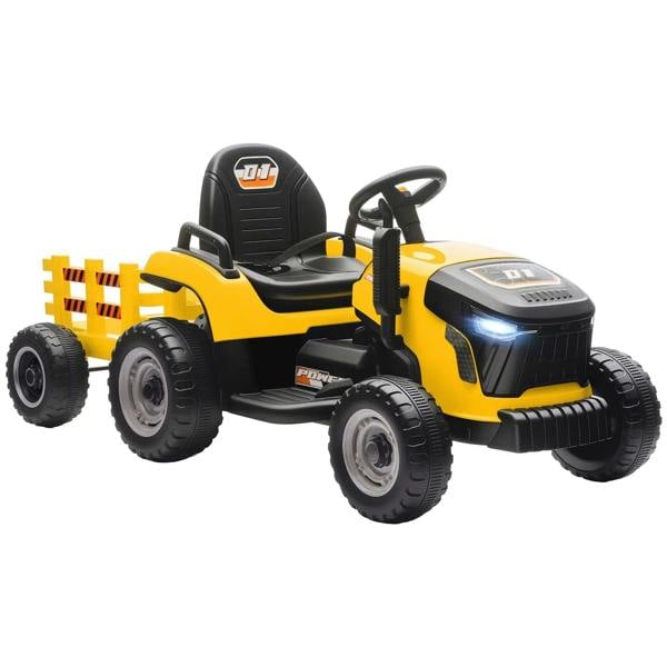 Yellow kids ride-on tractor with front loader and black seat, remote-control style