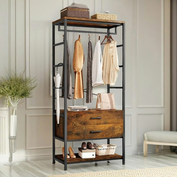 Rafaelo Mobilia Industrial Open Wardrobe Clothes Rack With Drawers Rustic Brown