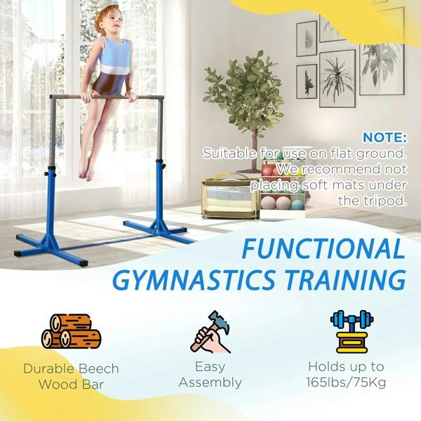 Blue height-adjustable kids horizontal bar with child practicing on the bar