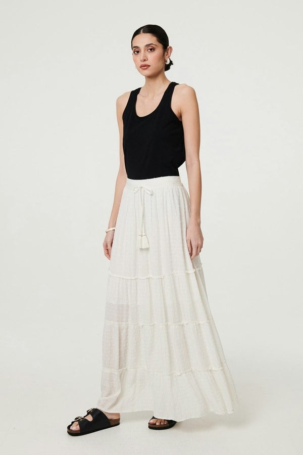 White | Textured High Waist Tiered Maxi Skirt
