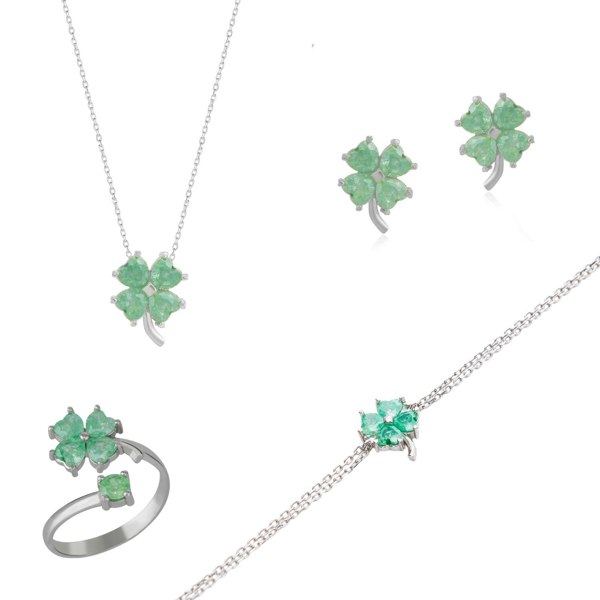 Spero London Best of Luck Four Leaves Clover Sterling Silver Bracelet Necklace Ring & Earrings Set