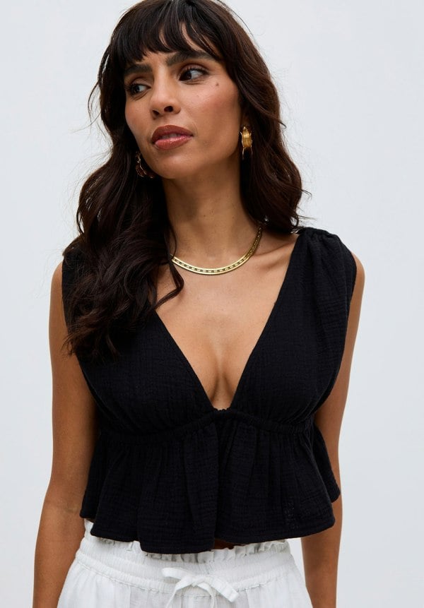 Katty Deep-V Neck Blouse In Black