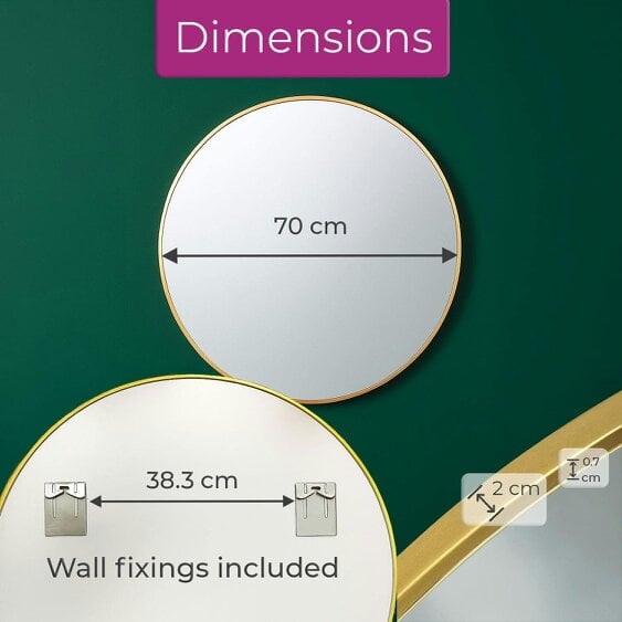 Neo 70cm Gold Round Metal Frame Wall Mirror Float Glass HD Reflection Anti-Rust Moisture-Proof Wall Mounted Bathroom Bedroom Hallway Living Room
