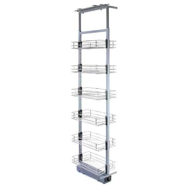 KuKoo pull-out soft close kitchen larder with six transparent baskets, sleek silver frame, and adjustable height of 170-195cm