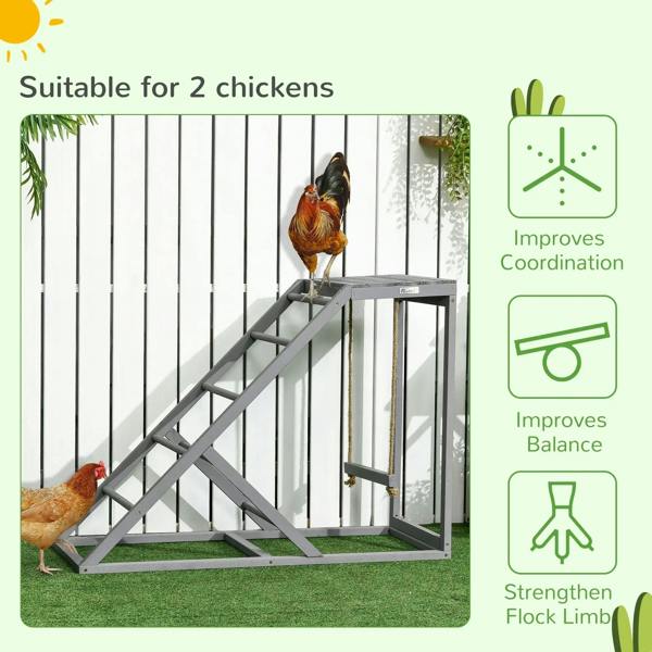Grey wooden chicken coop toy with top perch, ladder ramp, and swing ropes with chickens.