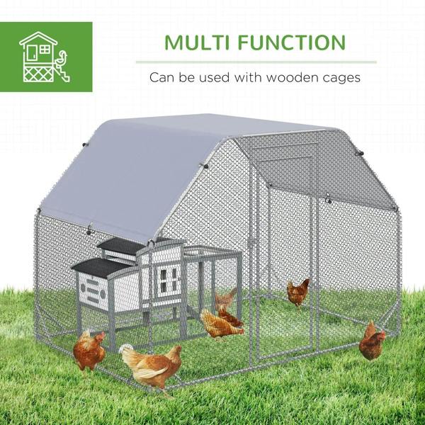 Outdoor chicken run coop with roof and wire mesh walls, open front door