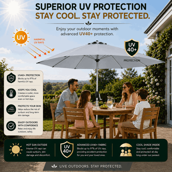 GlamHaus Tilting Garden Parasol Table Umbrella 2.7M with Crank Handle, UV40 Protection, Free Protection Cover - Light Grey
