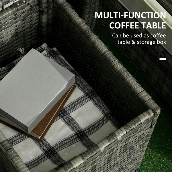 Wicker coffee table storage box with hinged lid and gray cushion