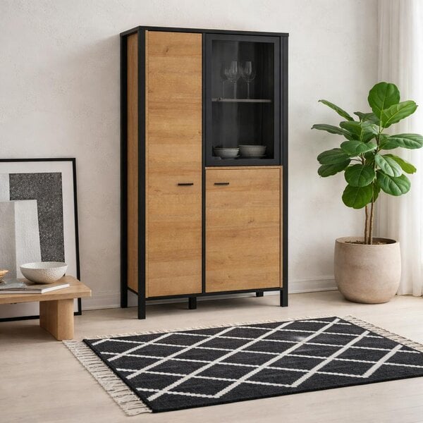 Wyld Haus Egtved Black and Natural Oak Wood Effect Small Display Cabinet 2 Doors 1 Shelf