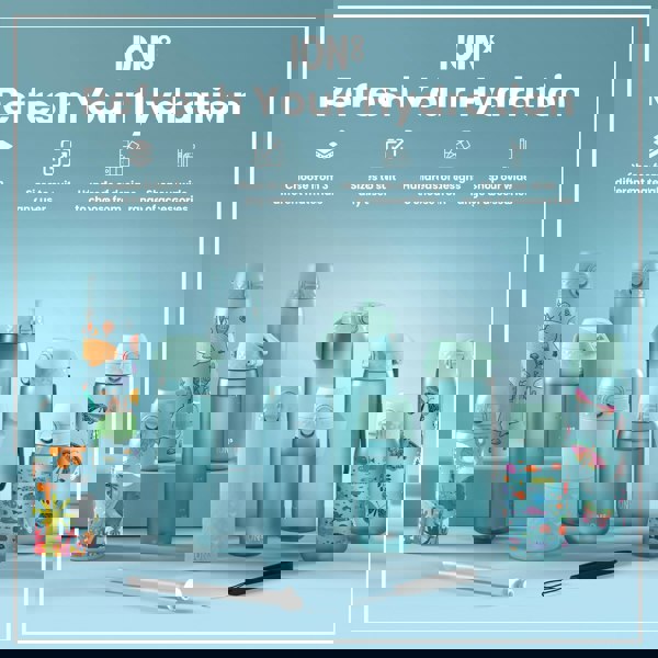 Several pastel-blue water bottles, various sizes and designs, are displayed on a light-blue surface; accompanying text advertises material options, sizes, designs, and accessories.