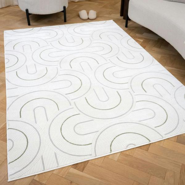 geometric design sage green colour rug, rectangular and runner shapes, high quality materials, soft and textured pile, easy to clean rug.
