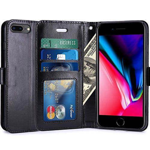 iPhone 8 Plus Case, PU Leather Wallet Case Flip Cover with Card Slots & Stand For Apple iPhone 8 Plus - Black