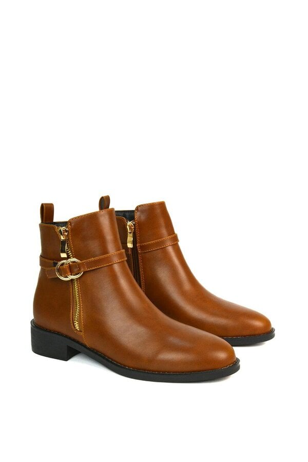 XY LONDON Flat Low Heel Ankle Booties With Decorative Buckle and Zip