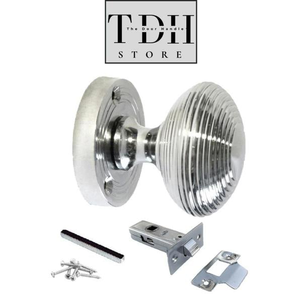 EDH Door Hardware Polished Chrome Reeded Round Door Knobs with Tubular Latch – 1, 4 & 6 Pair Packs