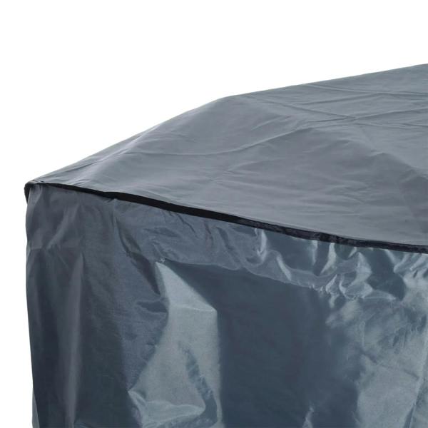 Grey outdoor furniture cover with seam details and curved, padded top