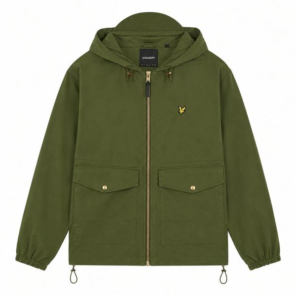 Lyle & Scott true olive waxed utility jacket with a drawstring hood, gold front zip, and two buttoned front pockets.