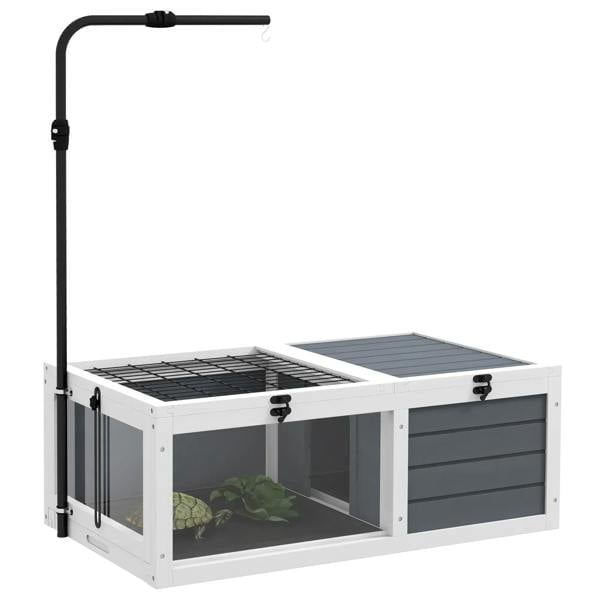White and grey tortoise habitat table with open front window and raised wire top.