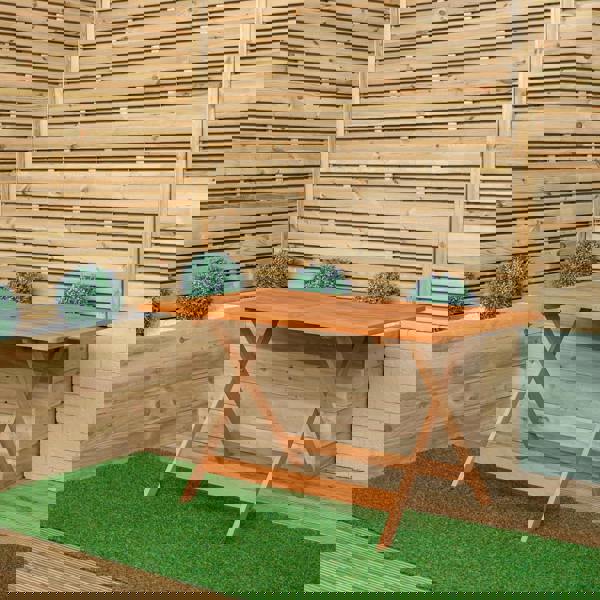 Samuel Alexander Outdoor 6 Person Rectangular Wooden Garden Dining Table, 2 Benches, Chairs with Green Parasol and Base Set