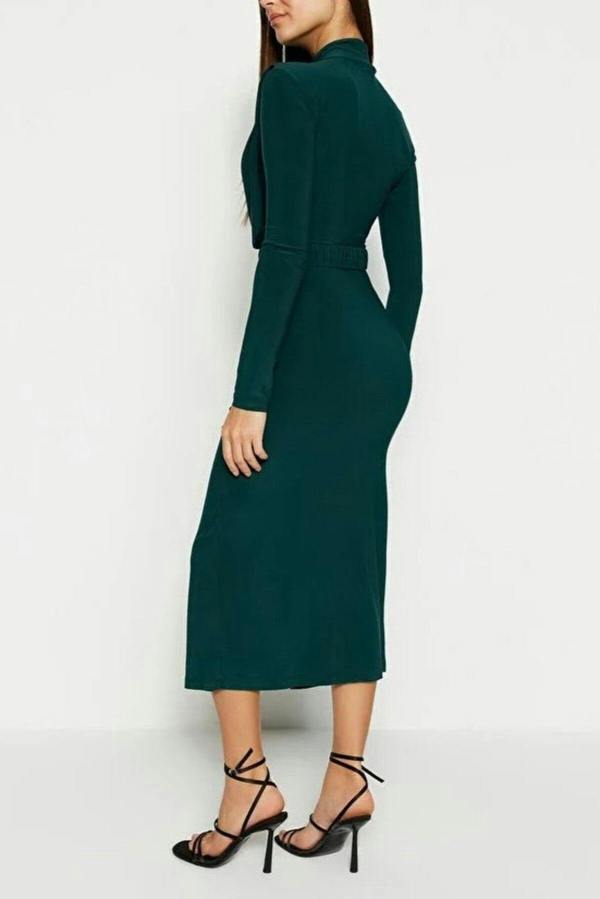 WOVCOR Stretchy Midi Knit Dress with Stand-Up Collar and Belt Detail