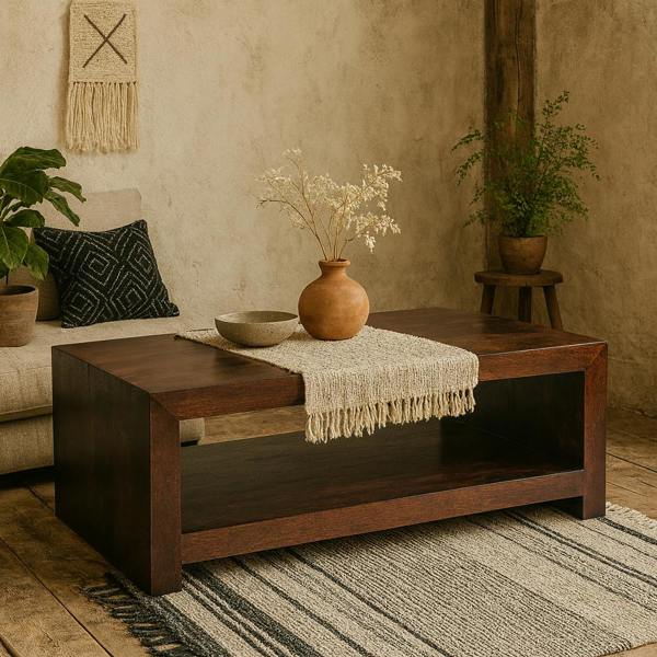 Wyld Haus Phuket Dark Mango Wood Large Coffee Table with Bottom Shelf