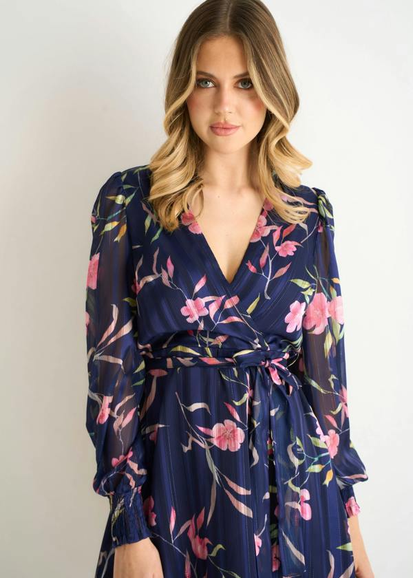 Gini London Navy Floral Print Shimmer Stripe Chiffon Wrap Mini Dress