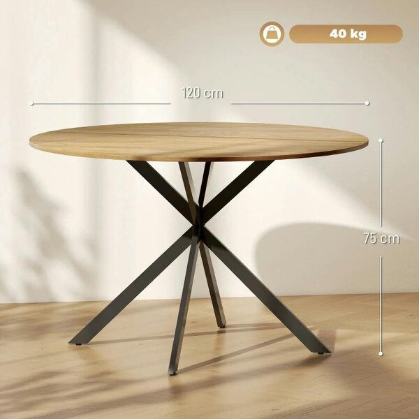 Dining Table for 4, 120 cm Industrial Kitchen Table with Wood Effect Tabletop and Steel Legs, Oak