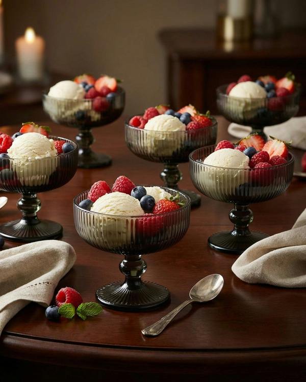 Set of six ribbed glass dessert bowls on a wooden surface with a white background