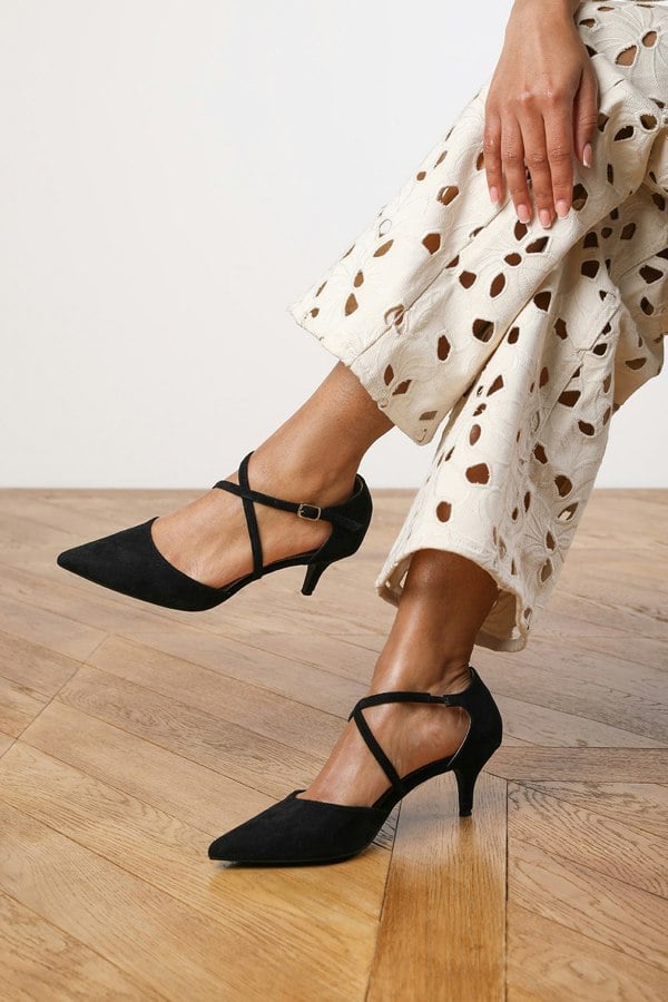 Where's That From Brielle Crossover Front Strap Stiletto Court Heel In Black Faux Suede
