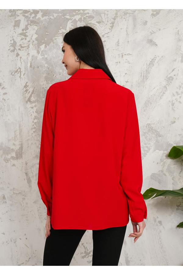 Hoxton Gal Relaxed Fit Long Sleeve Blouse with Tie Detail in Red
