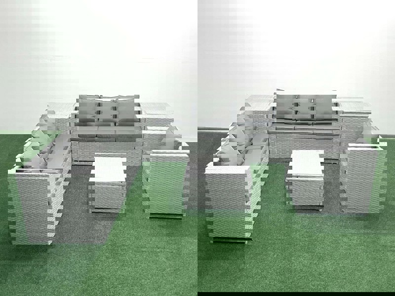 Fimous Wicker PE Rattan Sofa Garden Furniture Set with Armchair Square Coffee Table 2 Side Tables Light Grey Mixed