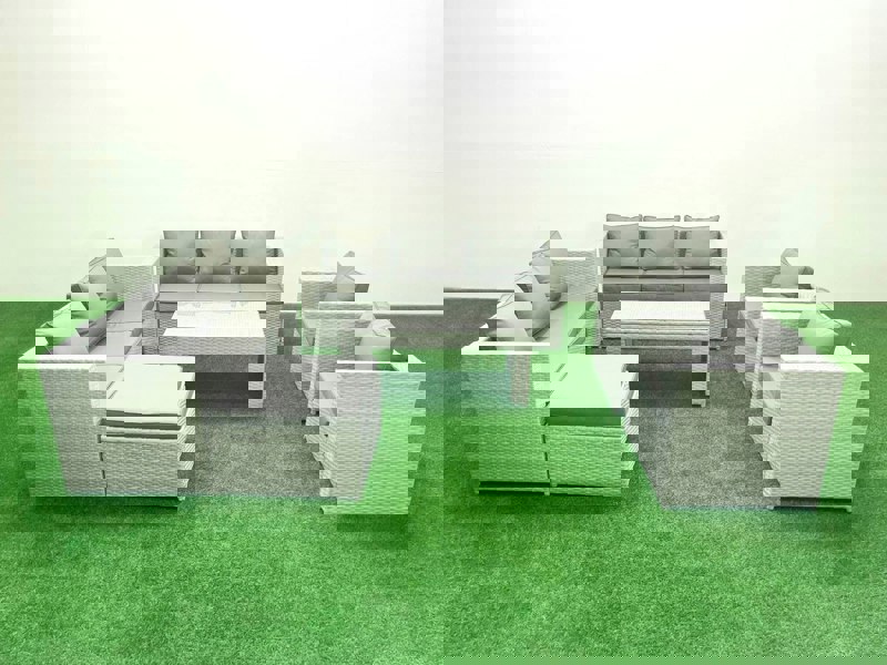 Fimous Outdoor Garden Furniture Rattan Sofa Set with 2 Armchairs Oblong Coffee Table Big Footstool Light Grey Mixed