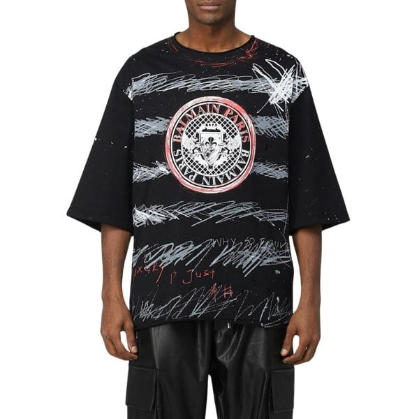 BALMAIN YU1EG035GB82 Balmain Paris Graffiti Coin Logo Black T-Shirt EBE BLACK T-SHIRT MALE S