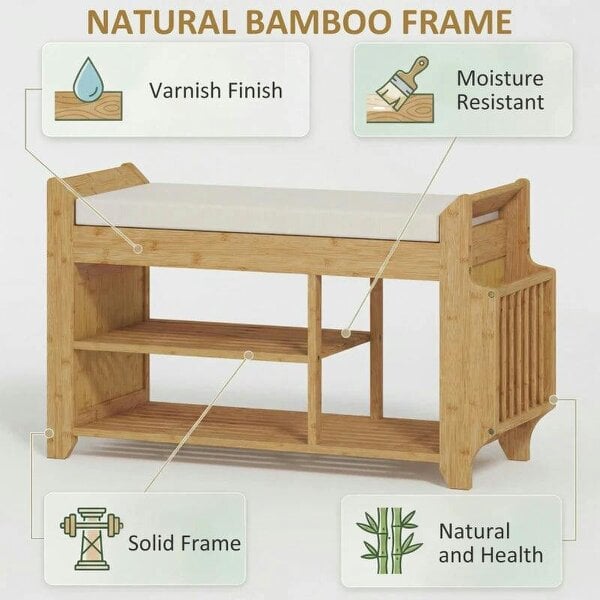 Shoe Bench 2-Tier Boot Section Entryway Storage Bench Cushioned Seat 80 x 30 x 50 cm Natural and Cream