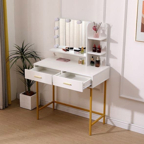 MMT Furniture Designs White Dressing Table Gold Legs Female Vanity Desk with LED Lights, Make Up Desk