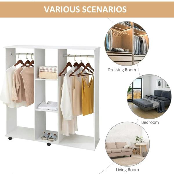 White double wardrobe organizer with hanging rail, cubbies, and open shelves