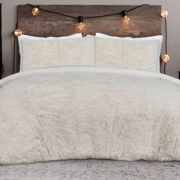 Smart Living Shaggy Faux Fur Fleece Duvet Cover With Pillowcases - Cream