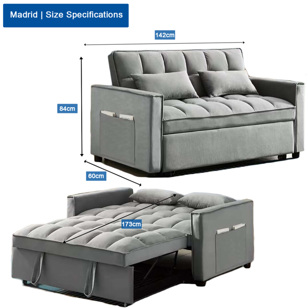 SQUAREBOXX Madrid Velvet 2 Seater Pullout Sofa Bed in Grey
