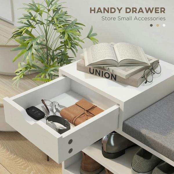 White shoe bench with open drawer for accessories and gray cushioned seat