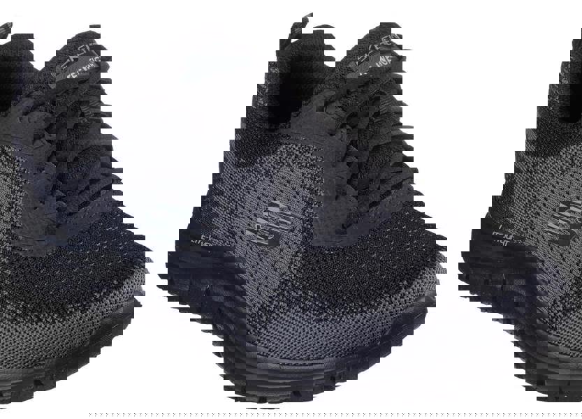 Skechers Track Glendor Mens Lace Up Gym Memory Foam Sport Trainers, a black and gray athletic shoe with breathable mesh upper and cushioned sole.