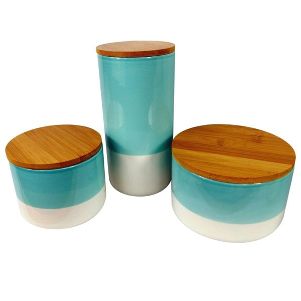 Leaf Set of Three Canisters Aqua Green Ceramic Storage Jars with Lids