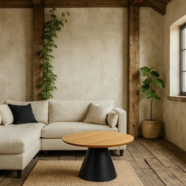 Wyld Haus Hamburg Round Oak Veneer Coffee Table Black Steel Pillar Base