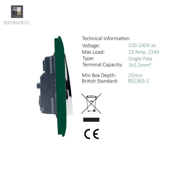 Trendi Switch 1 Gang 13 Amp Switched Plug Socket in Dark Forest Green