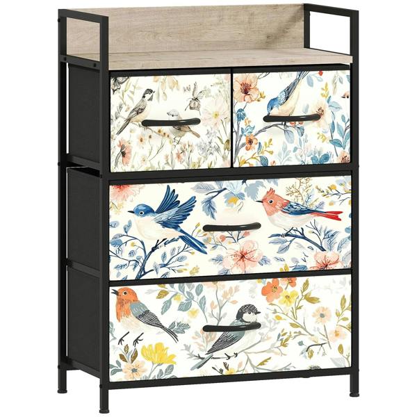 4-drawer chest of drawers with floral bird-pattern fronts and dark frame