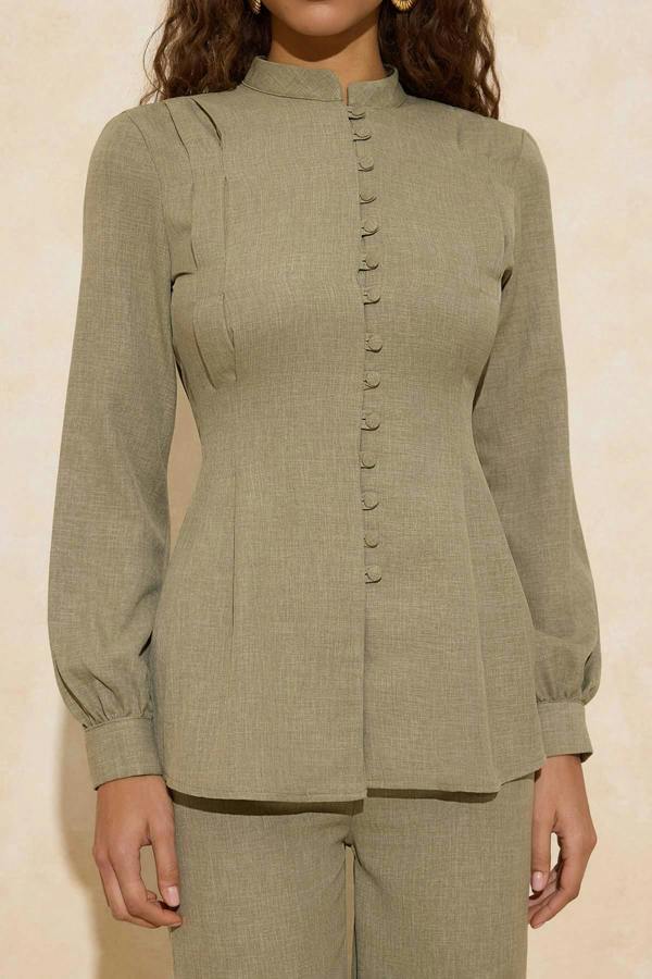 2-Piece Button Detail Long Sleeve Shirt and Wide Leg Trouser Co-ord