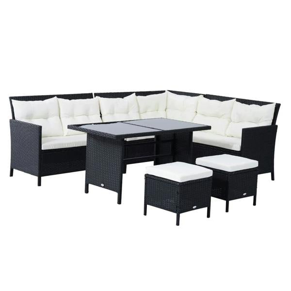 Black rattan corner dining sofa set with white cushions, coffee table, and footstools