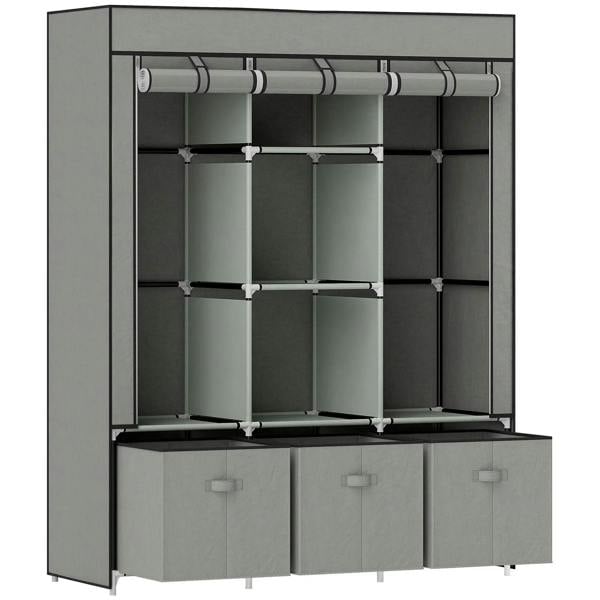 Light grey portable fabric wardrobe with shelves, hanging rail, and 3 fabric drawers