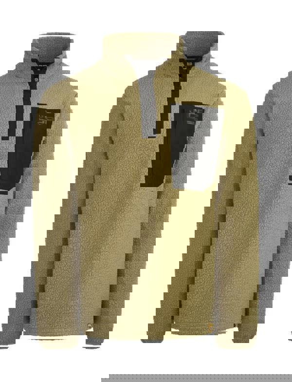 JCB Borg Mens Fleece Trade Work Pull Over Warm 1/4 Zip Sweat Shirt, beige fleece pullover with black zip neck and chest pocket.