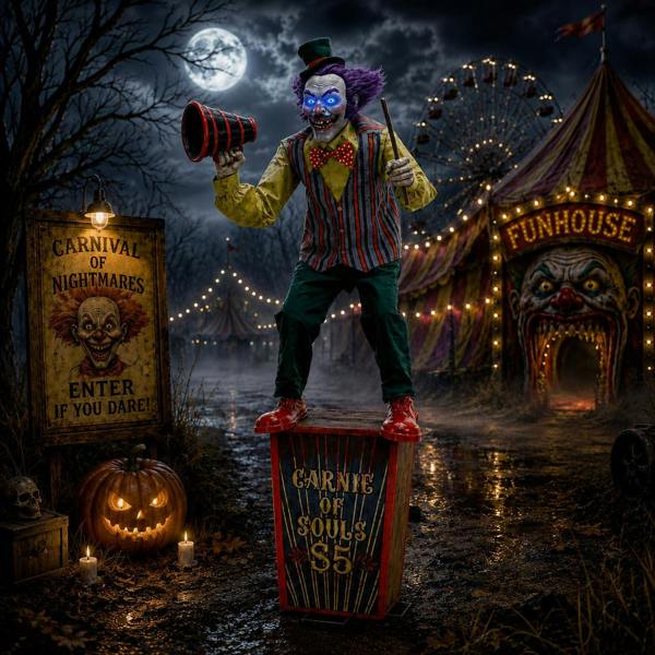 Samuel Alexander 6ft (72 Inch) Tall Servo Carnival Barker Halloween Animatronic with Glowing Digi-Eyes